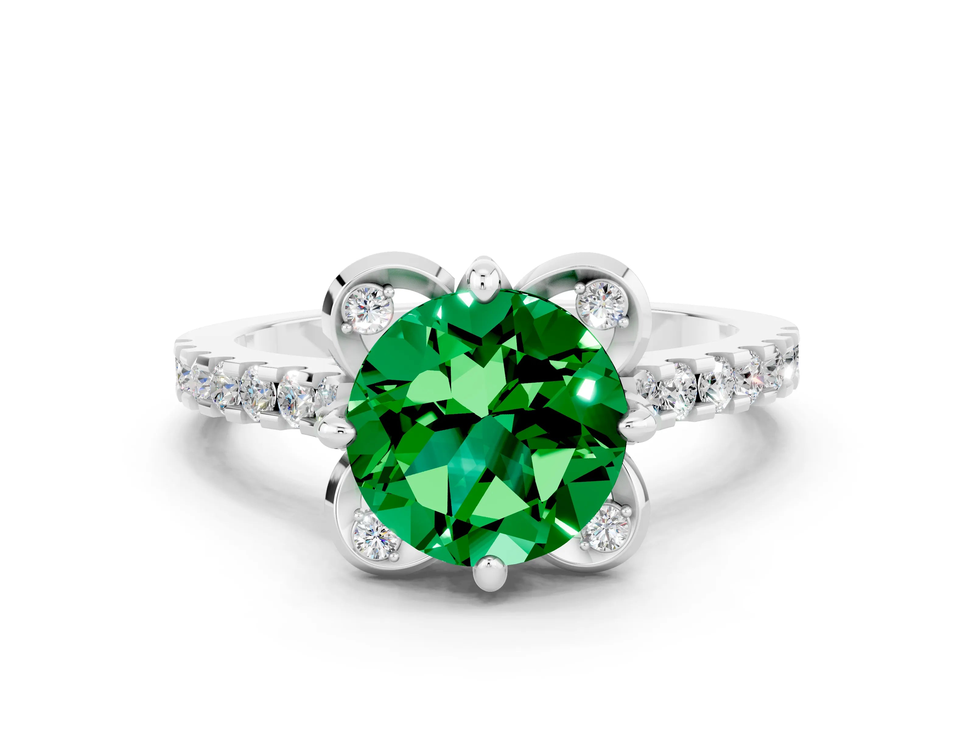 White gold Round Cut Emerald Ring with Pavé Band and Floral Prong Setting