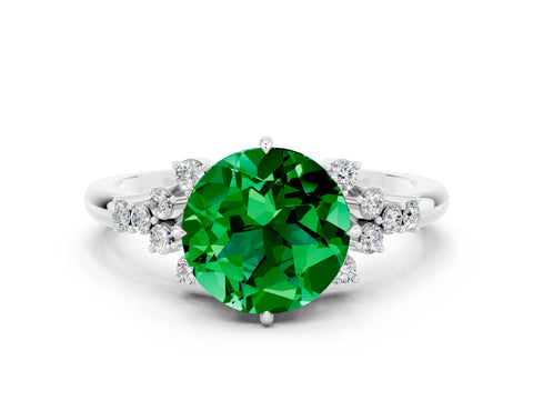White gold Round Cut Emerald Ring with Side Stones and Four-Prong Setting_36