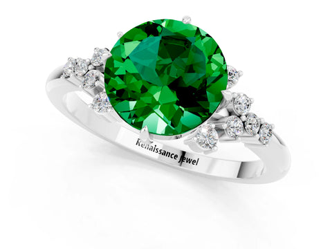 White gold Round Cut Emerald Ring with Side Stones and Four-Prong Setting_37