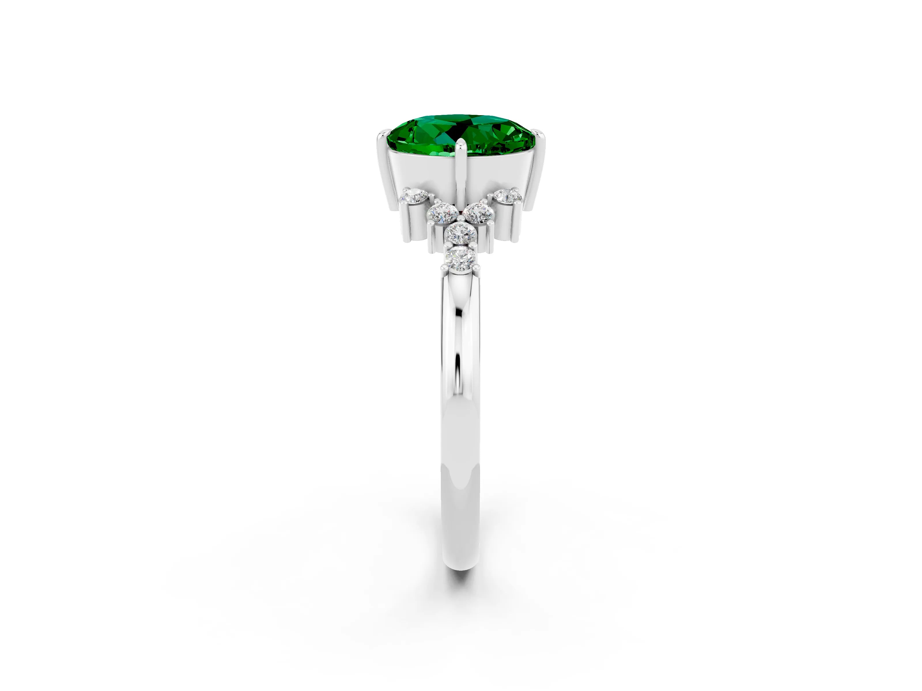 White gold Round Cut Emerald Ring with Side Stones and Four-Prong Setting_38