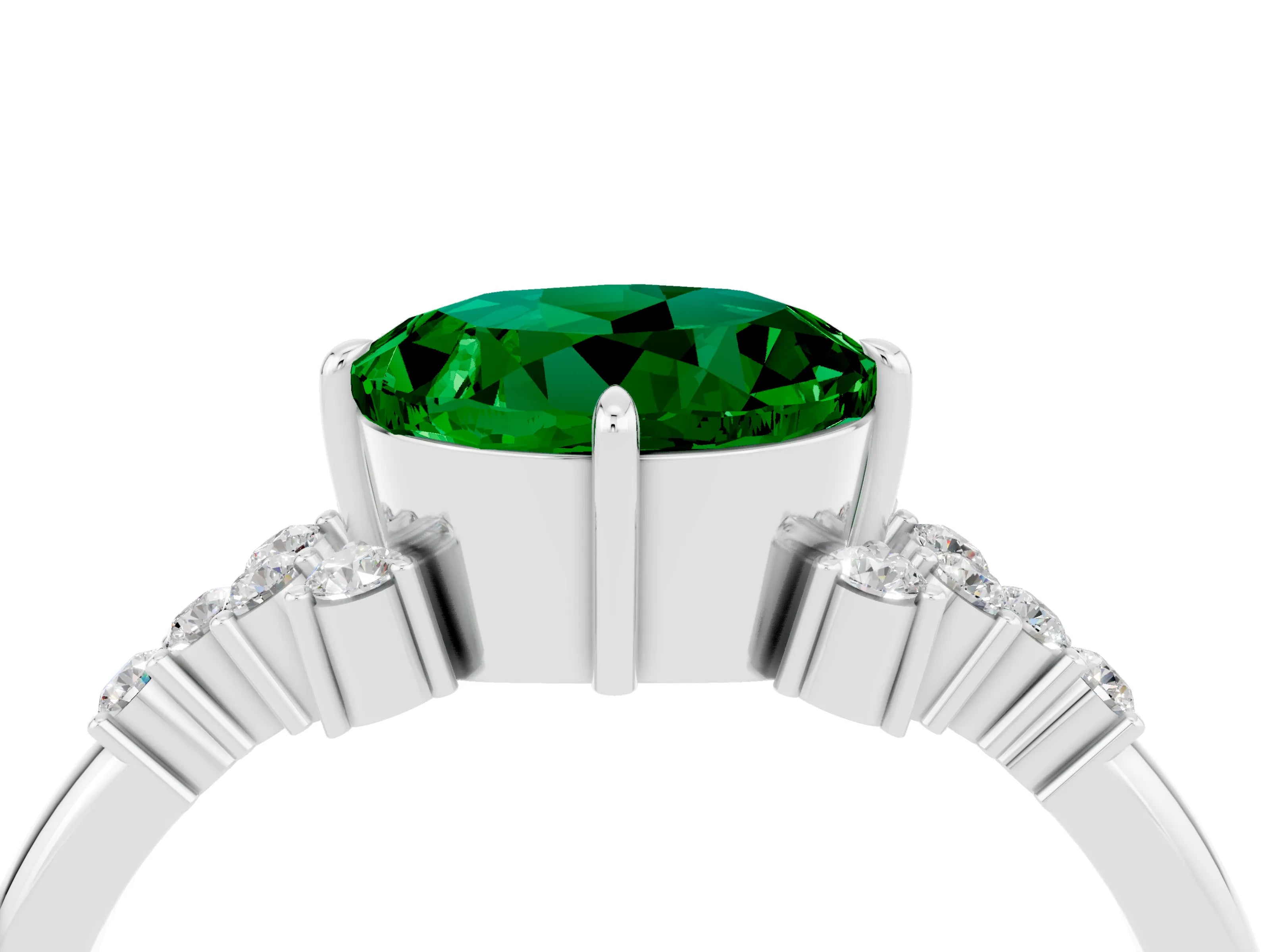 White gold Round Cut Emerald Ring with Side Stones and Four-Prong Setting_40