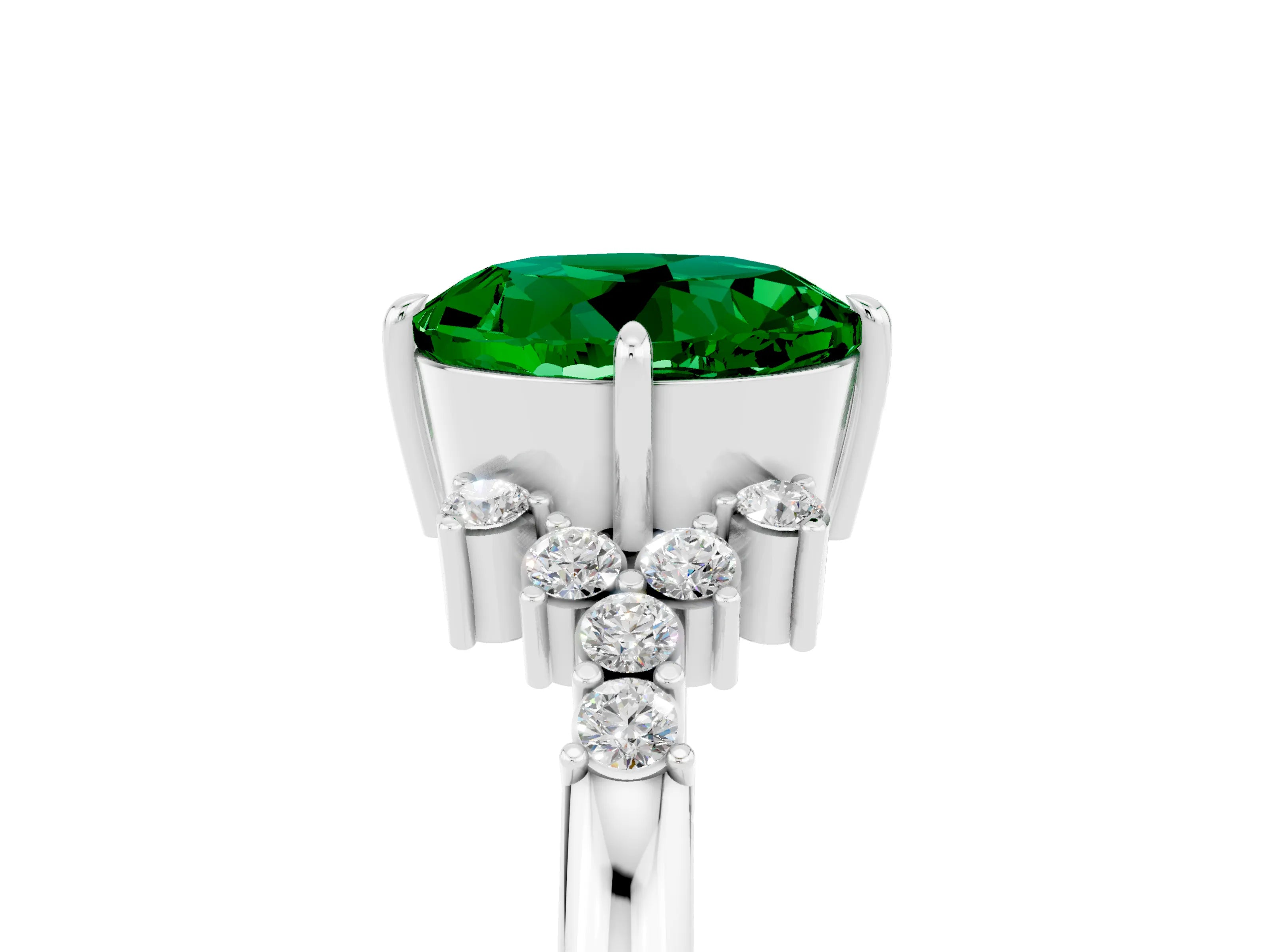 White gold Round Cut Emerald Ring with Side Stones and Four-Prong Setting_41