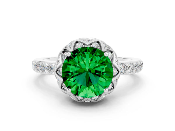 Platinum Round Cut Emerald Scalloped Halo Engagement Ring with Round Shared Prong Band