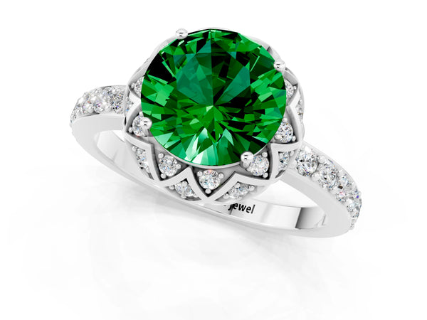 Platinum Round Cut Emerald Scalloped Halo Engagement Ring with Round Shared Prong Band