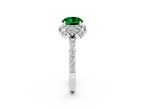 Platinum Round Cut Emerald Scalloped Halo Engagement Ring with Round Shared Prong Band