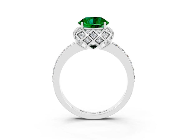 Platinum Round Cut Emerald Scalloped Halo Engagement Ring with Round Shared Prong Band