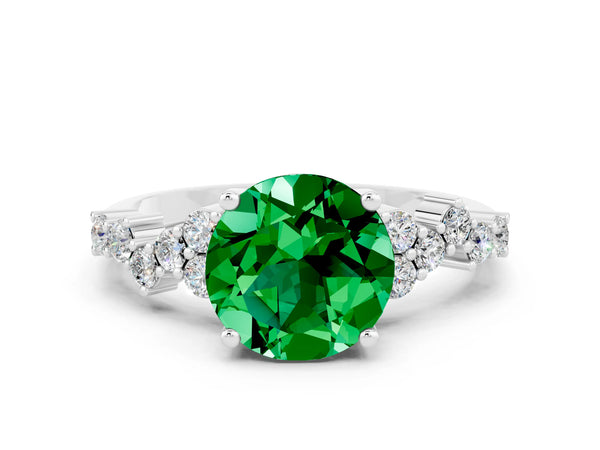 White gold Round Cut Emerald Scattered Round Accent Ring with Prong Setting