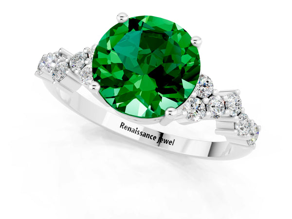 White gold Round Cut Emerald Scattered Round Accent Ring with Prong Setting