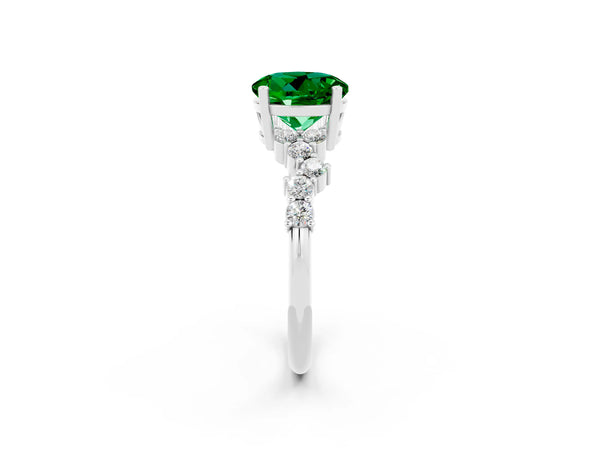White gold Round Cut Emerald Scattered Round Accent Ring with Prong Setting