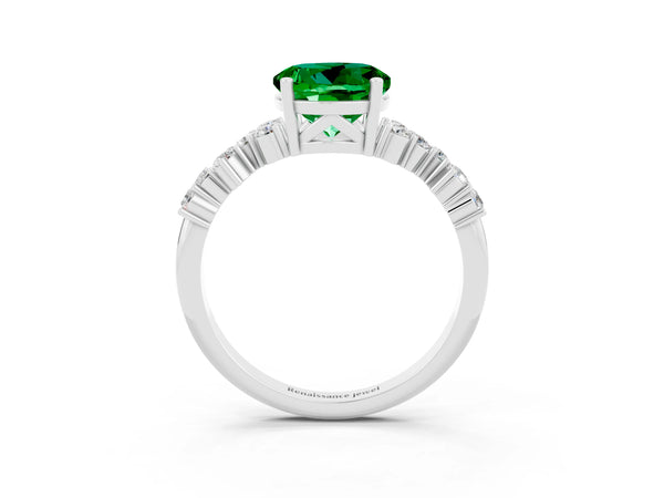 White gold Round Cut Emerald Scattered Round Accent Ring with Prong Setting