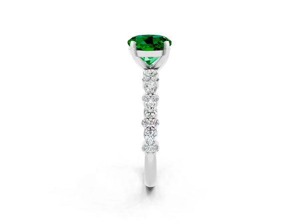 White gold Round Cut Emerald Side Stone Solitaire Ring with Round  and Four-Prong Setting