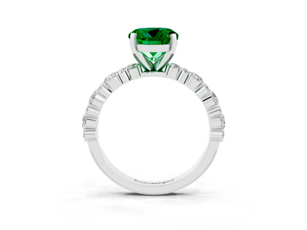 Silver Round Cut Emerald Side Stone Solitaire Ring with Round  and Four-Prong Setting
