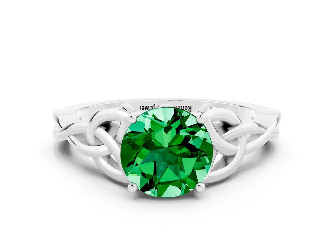 White gold Round Cut Emerald Solitaire Celtic Knot Ring with Four-Prong Setting_12