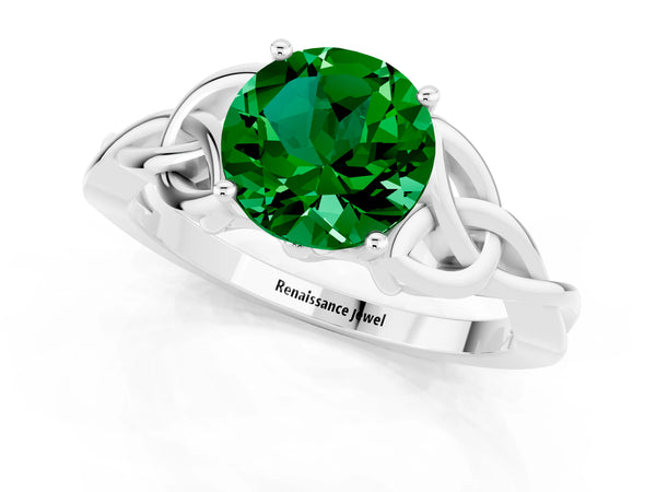 White gold Round Cut Emerald Solitaire Celtic Knot Ring with Four-Prong Setting