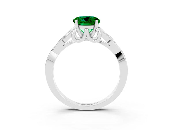 White gold Round Cut Emerald Solitaire Celtic Knot Ring with Four-Prong Setting