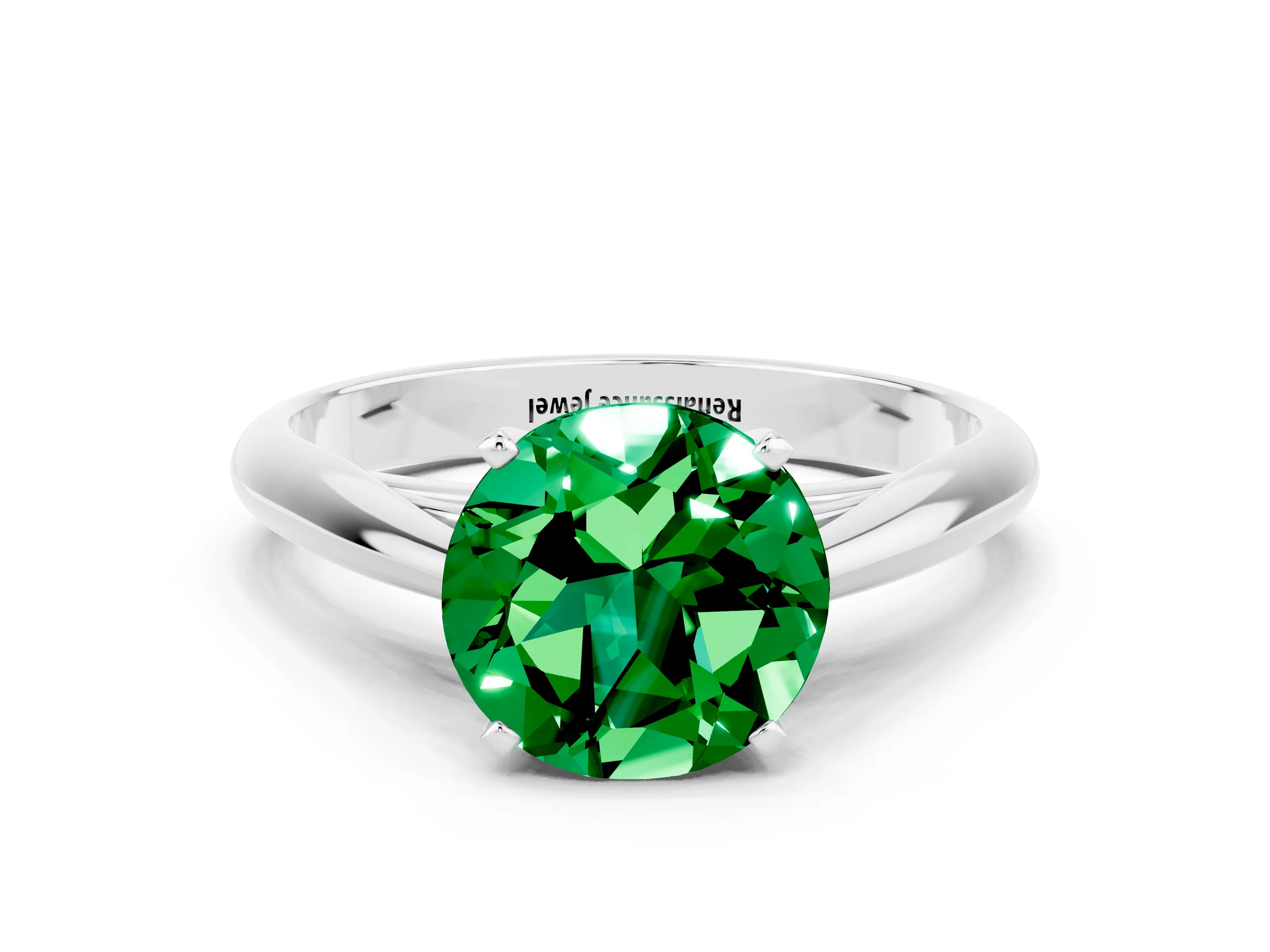 White gold Round Cut Emerald Solitaire Engagement Ring with Cathedral Setting and Four-Prong Mount_12