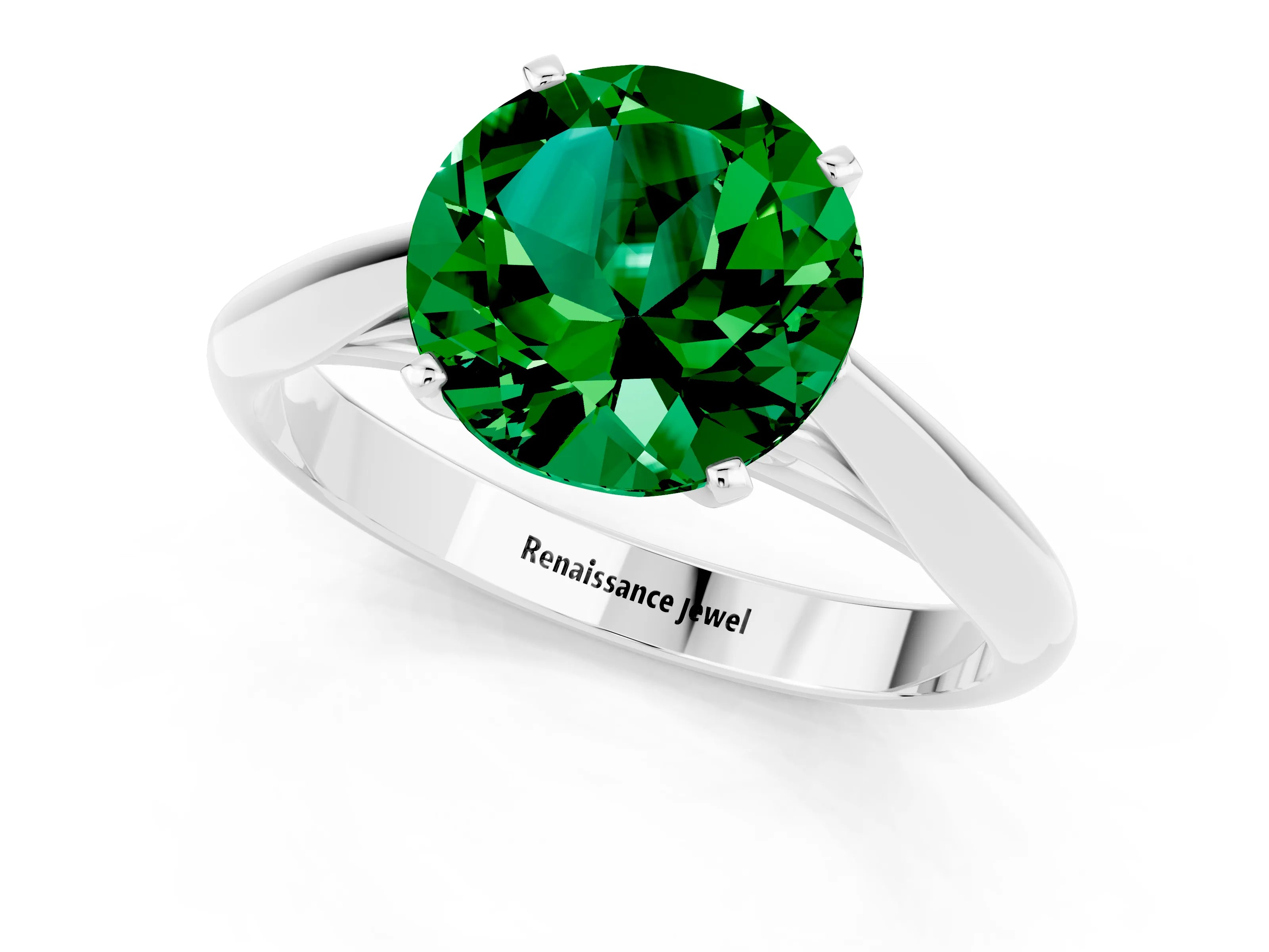 White gold Round Cut Emerald Solitaire Engagement Ring with Cathedral Setting and Four-Prong Mount_13