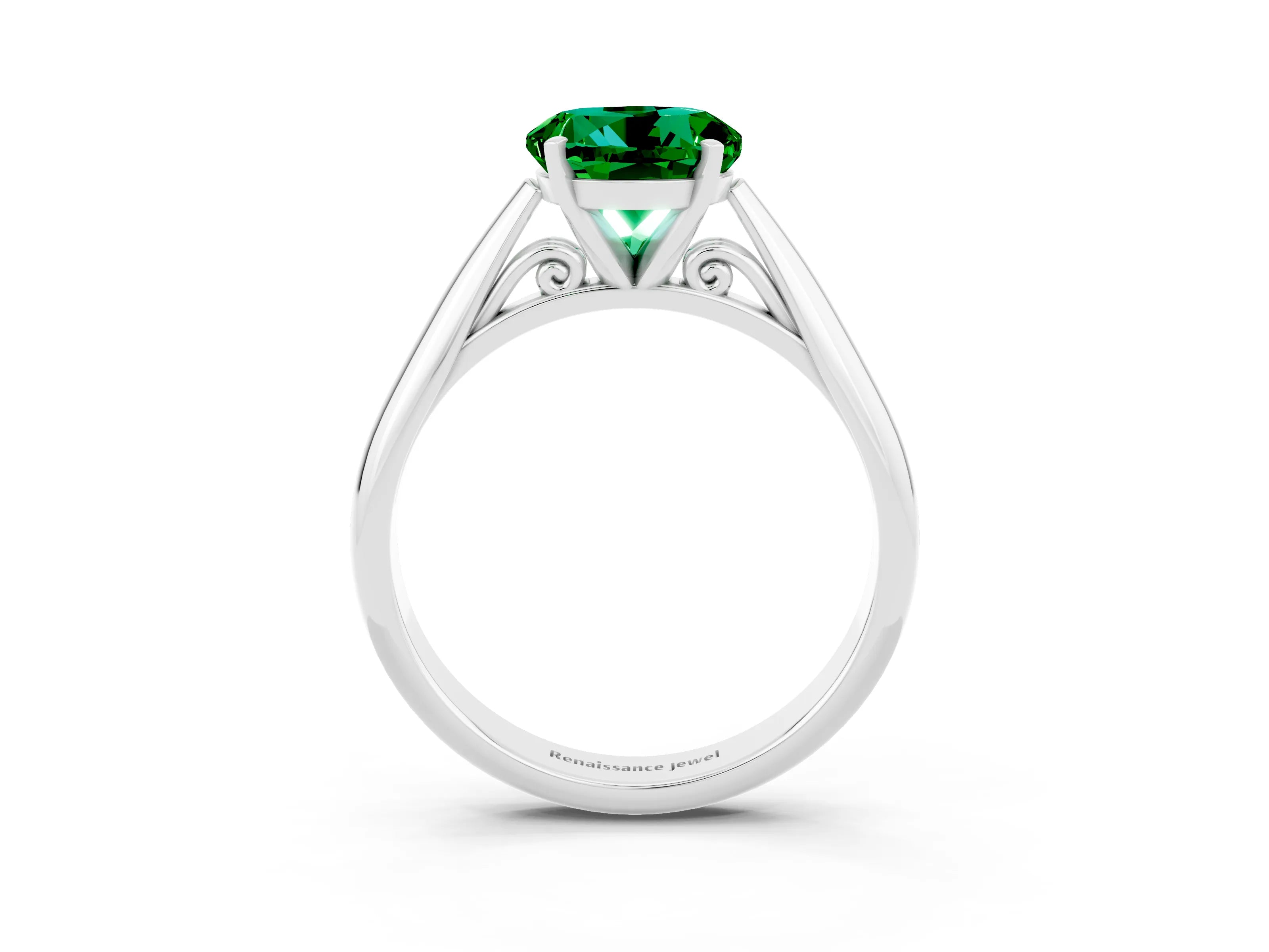 White gold Round Cut Emerald Solitaire Engagement Ring with Cathedral Setting and Four-Prong Mount_15
