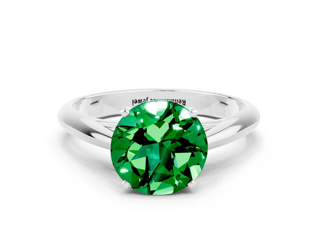 White gold Round Cut Emerald Solitaire Engagement Ring with Cathedral Setting and Four-Prong Mount_36