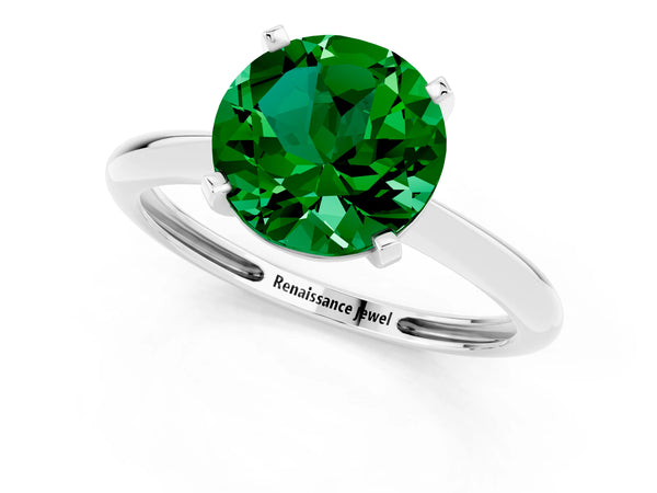White gold Round Cut Emerald Solitaire Engagement Ring with Classic Band and Four-Prong Setting