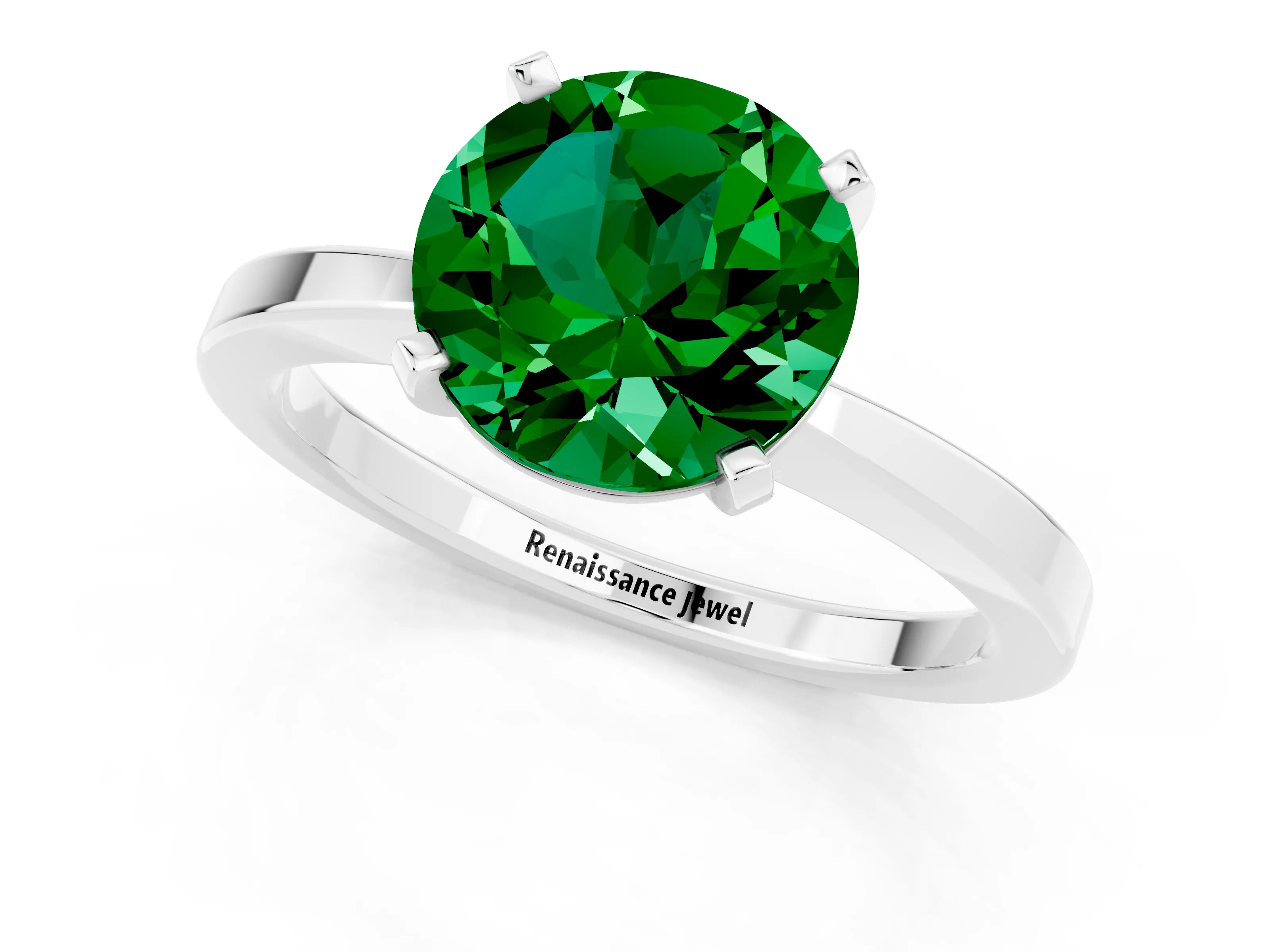 White gold Round Cut Emerald Solitaire Engagement Ring with Classic Band and Four-Prong Setting_25