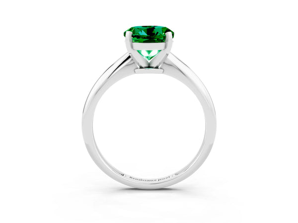 White Gold Round Lab-Grown Emerald Solitaire Engagement Ring with Thin Plain Band and Basket Head