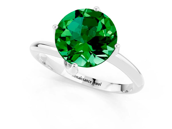 Platinum Round Cut Emerald Solitaire Engagement Ring with Four-Prong Setting and Classic Band