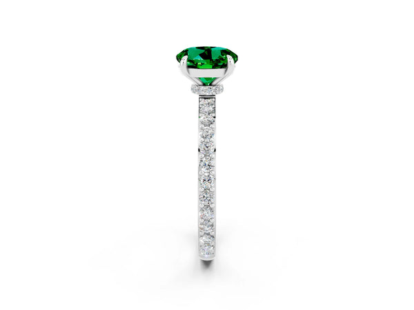White gold Round Cut Emerald Solitaire Engagement Ring with Pavé Band and Four-Prong Setting