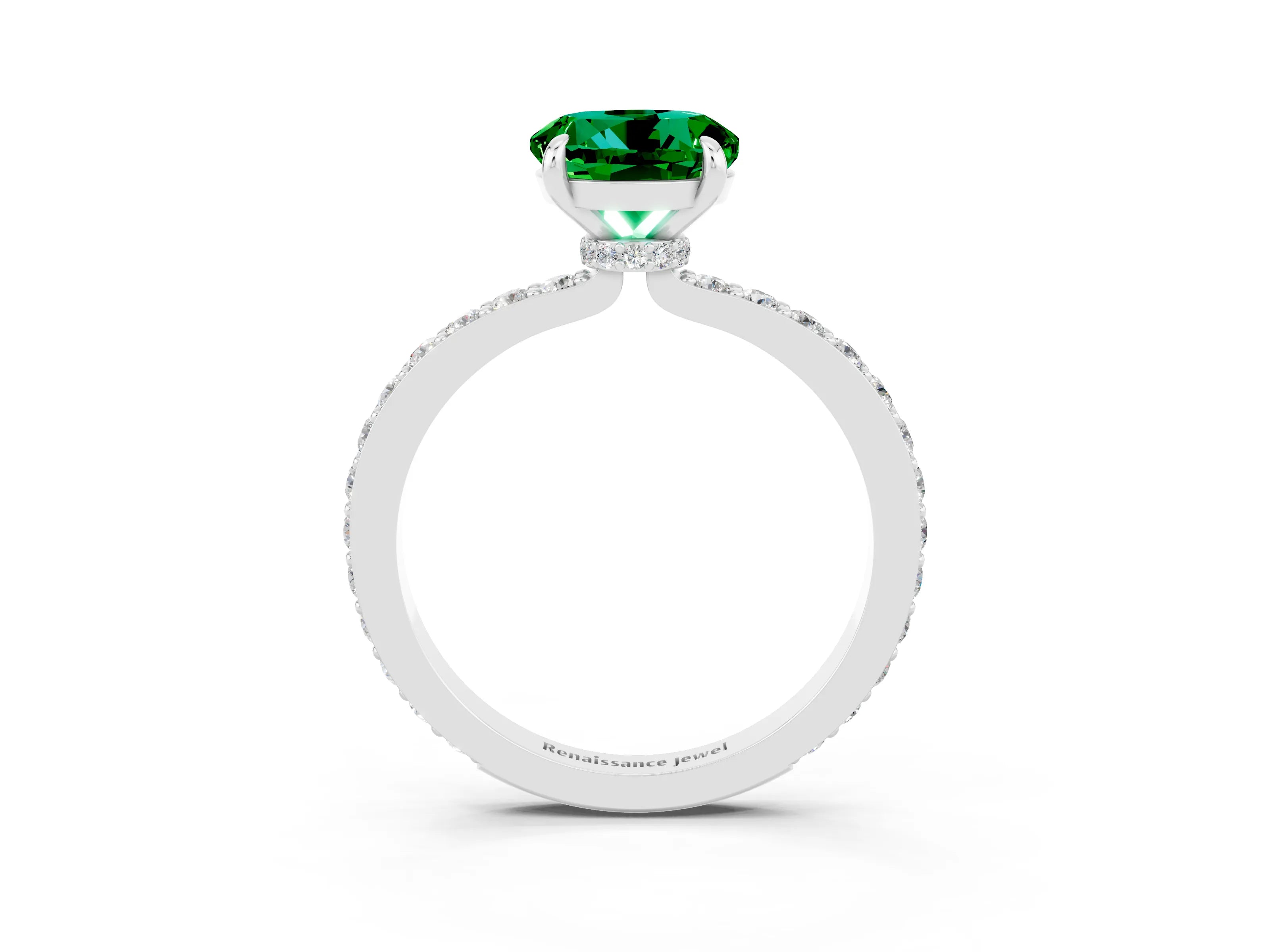 White gold Round Cut Emerald Solitaire Engagement Ring with Pavé Band and Four-Prong Setting_3