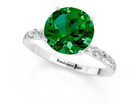 White gold Round Cut Emerald Solitaire Engagement Ring with Pavé Band and Prong Setting_1