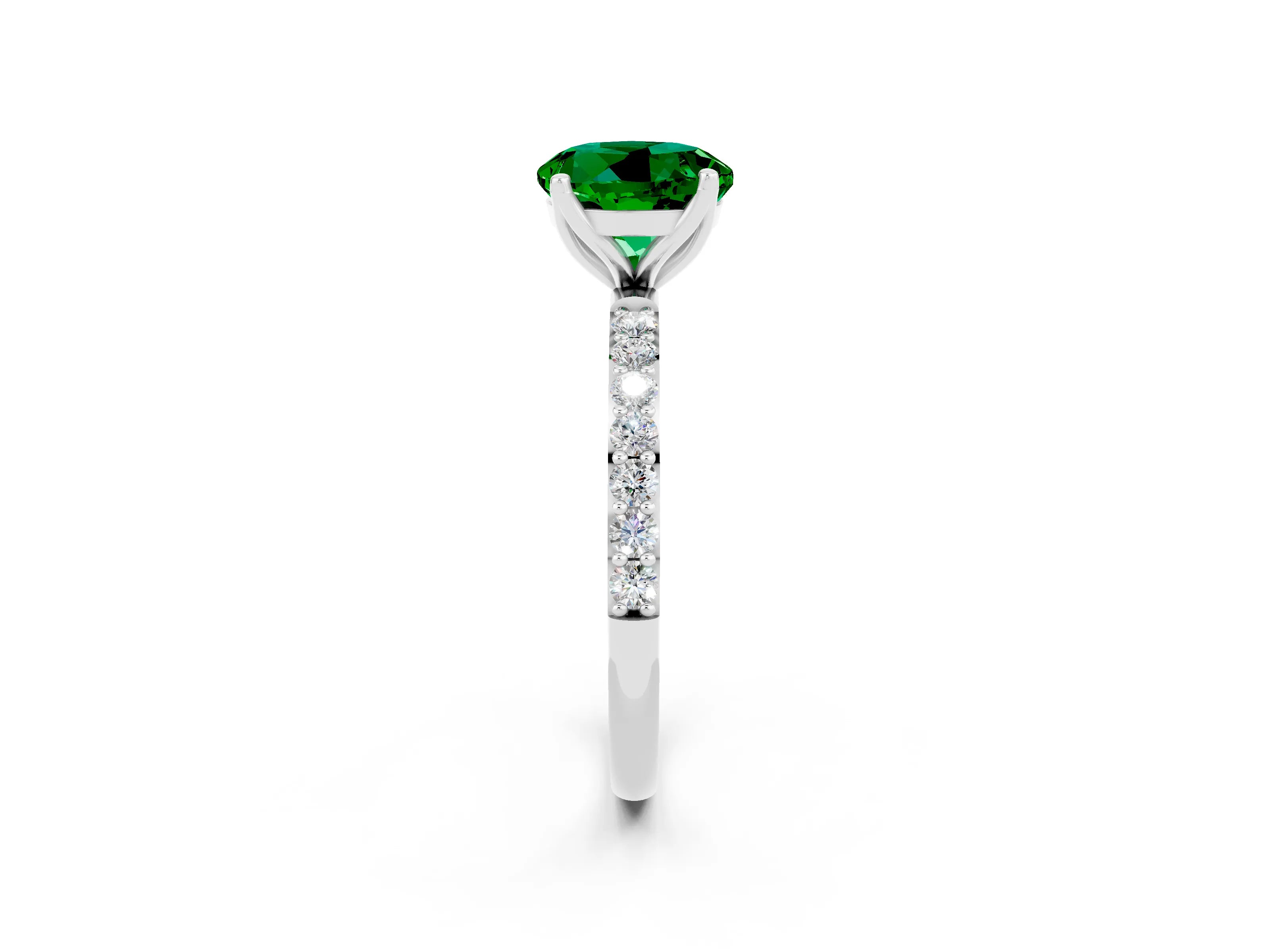 White gold Round Cut Emerald Solitaire Engagement Ring with Pavé Band and Prong Setting_2