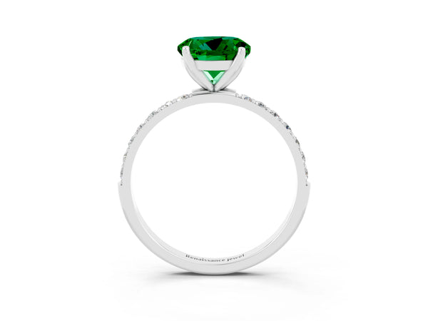 Silver Round Cut Emerald Solitaire Engagement Ring with Round  Pavé Band and Prong Setting