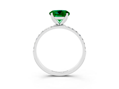 White gold Round Cut Emerald Solitaire Engagement Ring with Pavé Band and Prong Setting_3