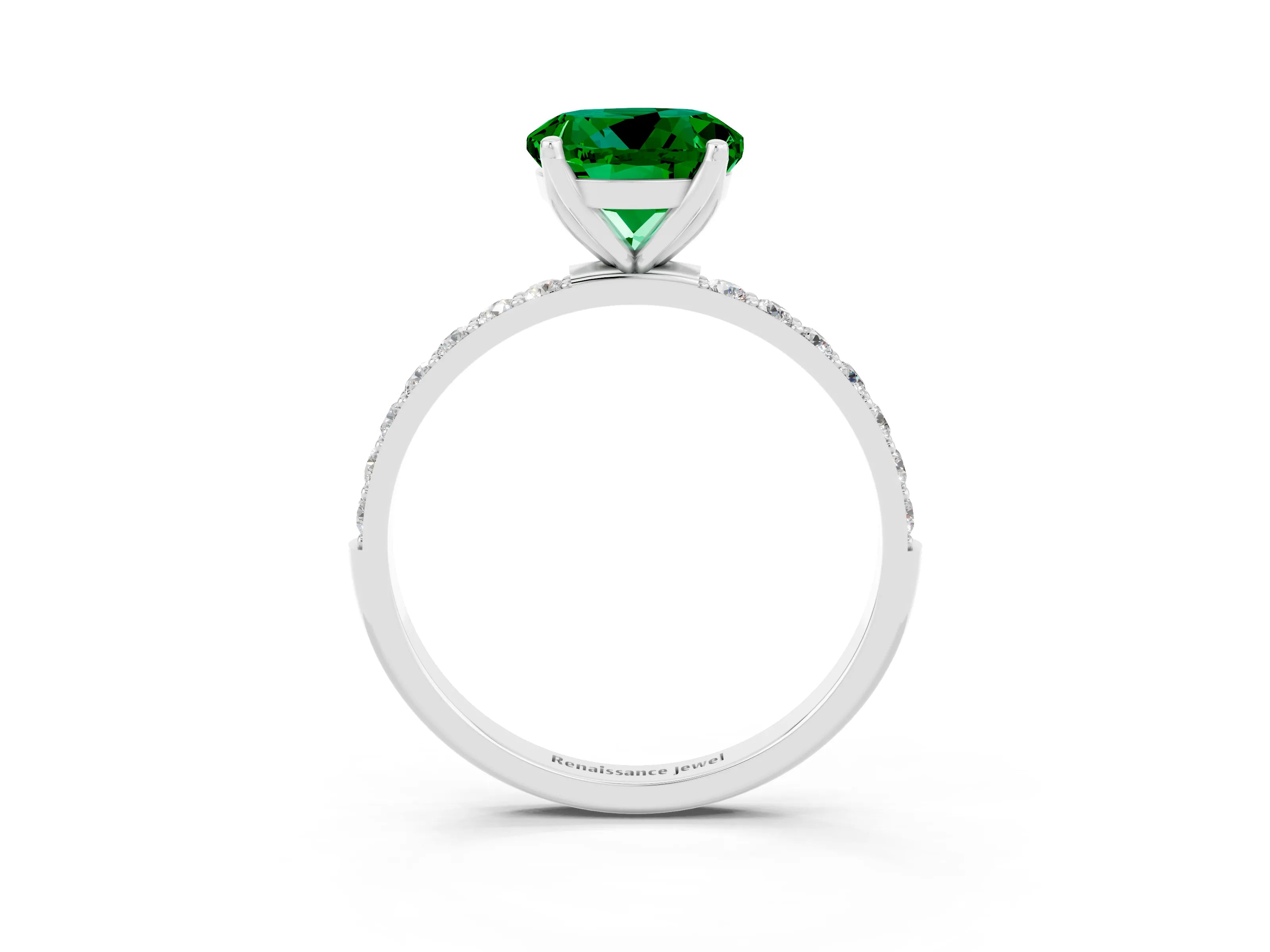 White gold Round Cut Emerald Solitaire Engagement Ring with Pavé Band and Prong Setting_3