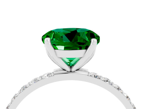 White gold Round Cut Emerald Solitaire Engagement Ring with Pavé Band and Prong Setting_4