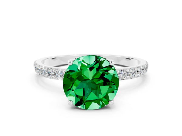 White gold Round Cut Emerald Solitaire Engagement Ring with Round  Pavé Band and Prong Setting