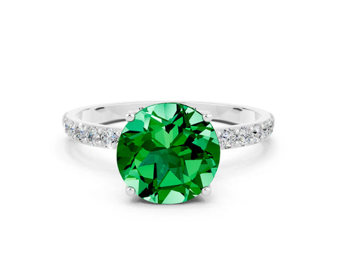 White gold Round Cut Emerald Solitaire Engagement Ring with Pavé Band and Prong Setting