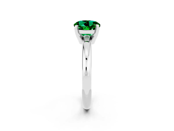 Silver Round Cut Emerald Solitaire Engagement Ring with Round Band and Four-Prong Setting