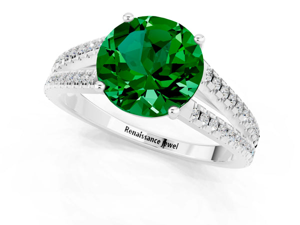 White gold Round Cut Emerald Solitaire Engagement Ring with Split Shank Pavé Band