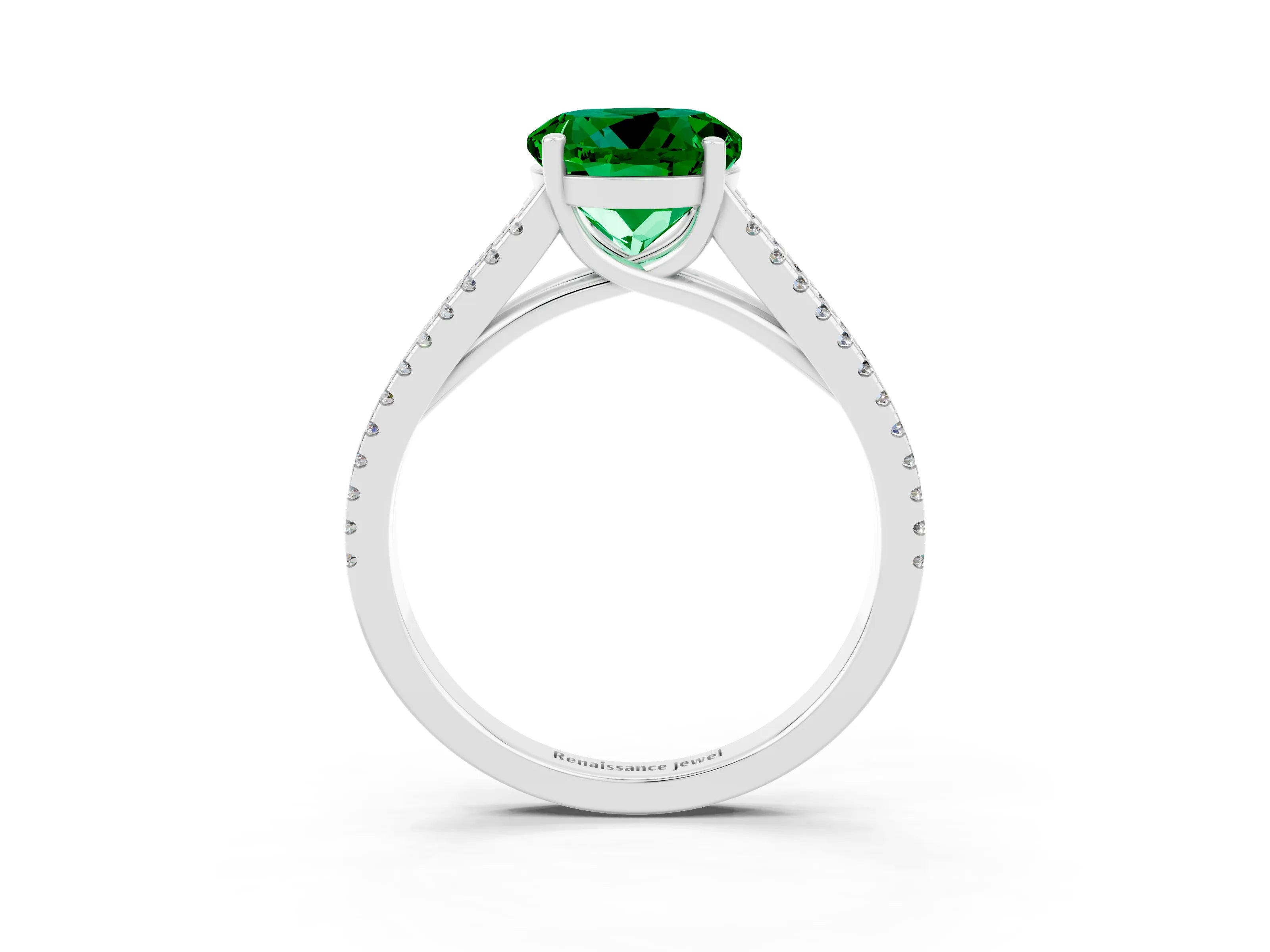 White gold Round Cut Emerald Solitaire Engagement Ring with Split Shank Pavé Band_3