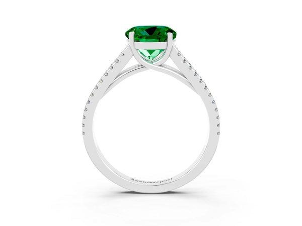 Silver Round Cut Emerald Solitaire Engagement Ring with Split Shank Pavé Band