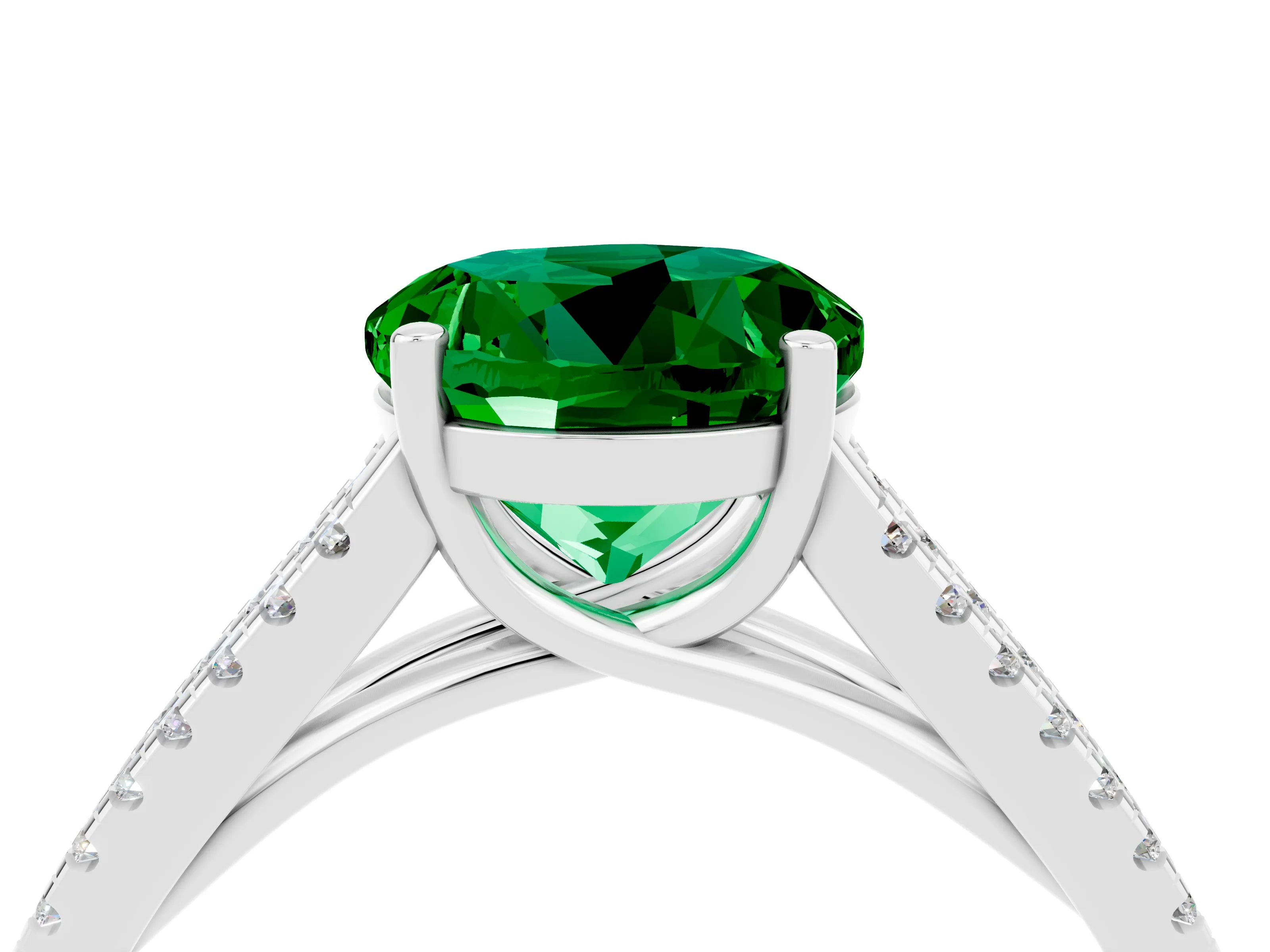 White gold Round Cut Emerald Solitaire Engagement Ring with Split Shank Pavé Band_4