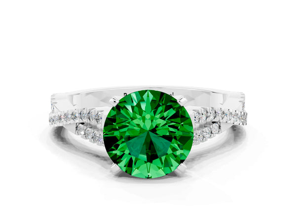 White gold Round Cut Emerald Solitaire Engagement Ring with Twisted Pavé Band and Four-Prong Setting