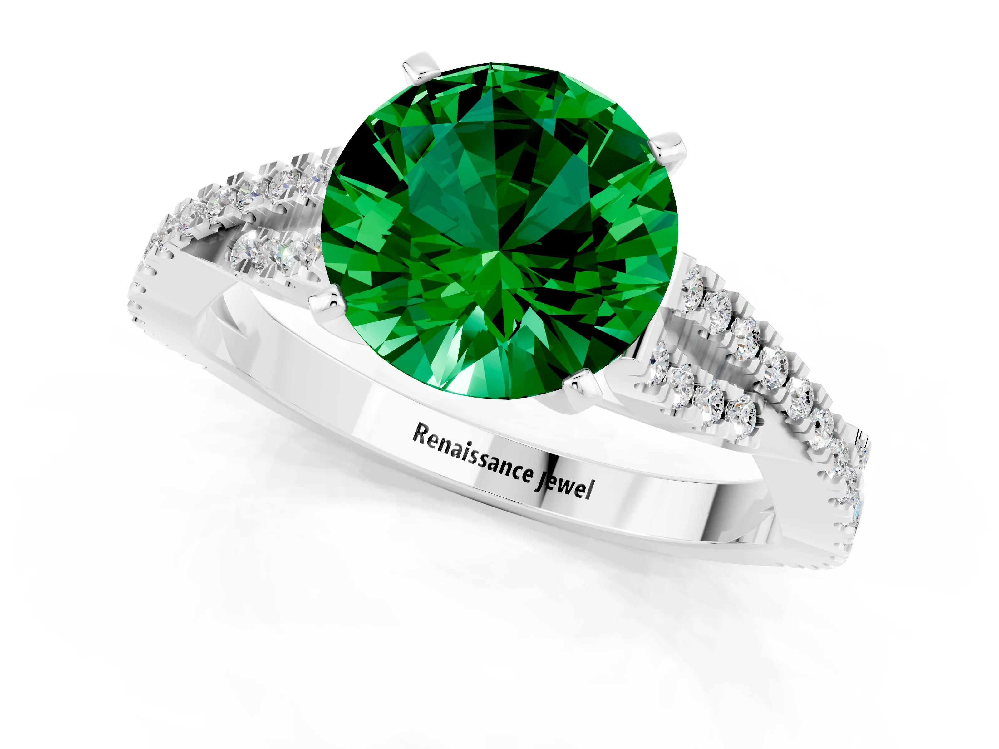 White gold Round Cut Emerald Solitaire Engagement Ring with Twisted Pavé Band and Four-Prong Setting_13