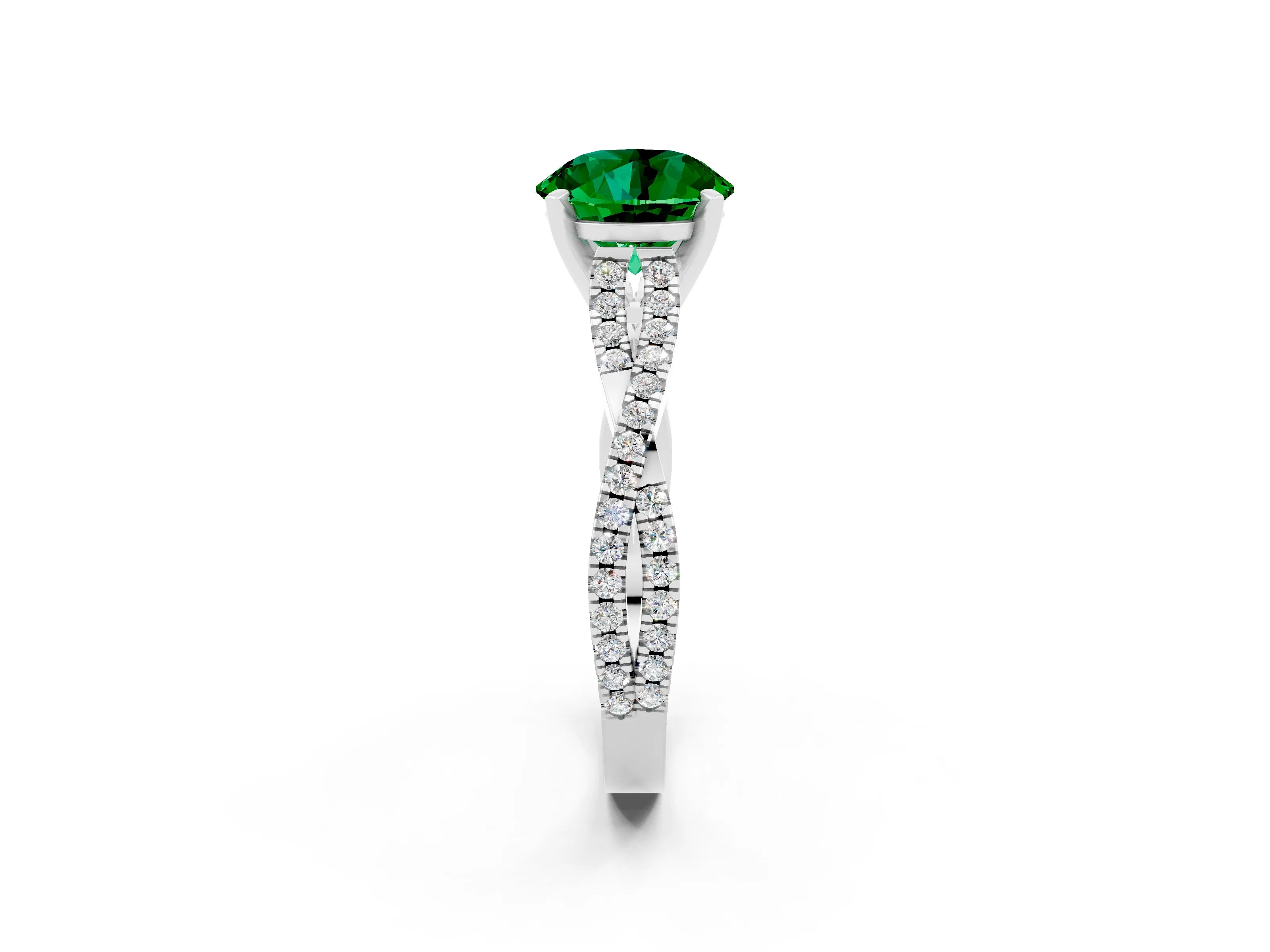 White gold Round Cut Emerald Solitaire Engagement Ring with Twisted Pavé Band and Four-Prong Setting_14