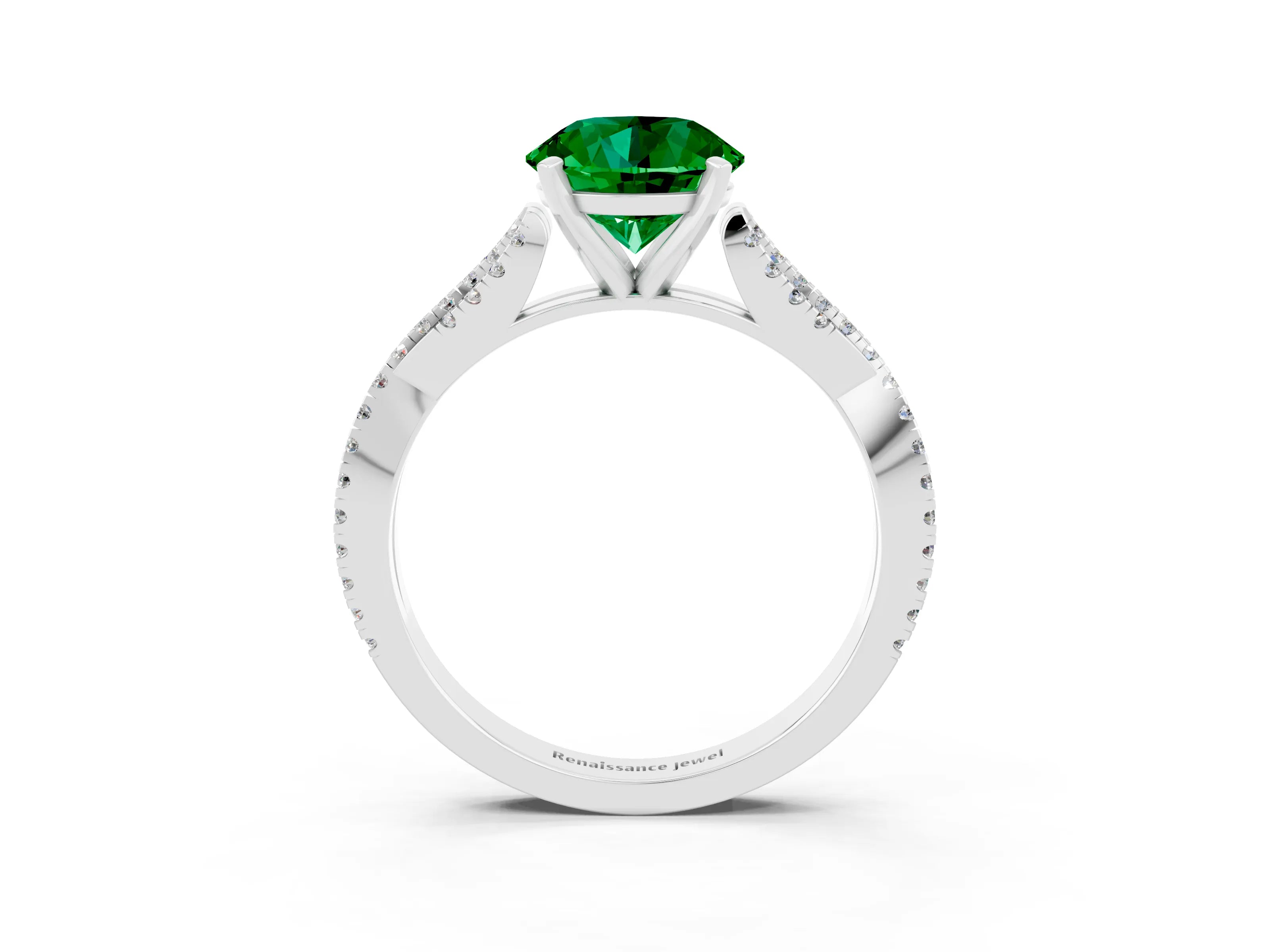White gold Round Cut Emerald Solitaire Engagement Ring with Twisted Pavé Band and Four-Prong Setting_15
