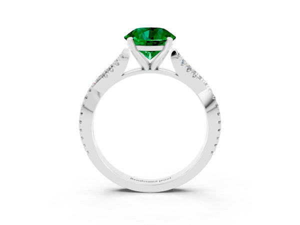 Silver Round Cut Emerald Solitaire Engagement Ring with Twisted Pavé Band and Four-Prong Setting