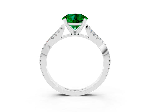 White gold Round Cut Emerald Solitaire Engagement Ring with Twisted Pavé Band and Four-Prong Setting_15