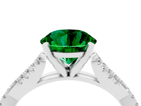 White gold Round Cut Emerald Solitaire Engagement Ring with Twisted Pavé Band and Four-Prong Setting_16