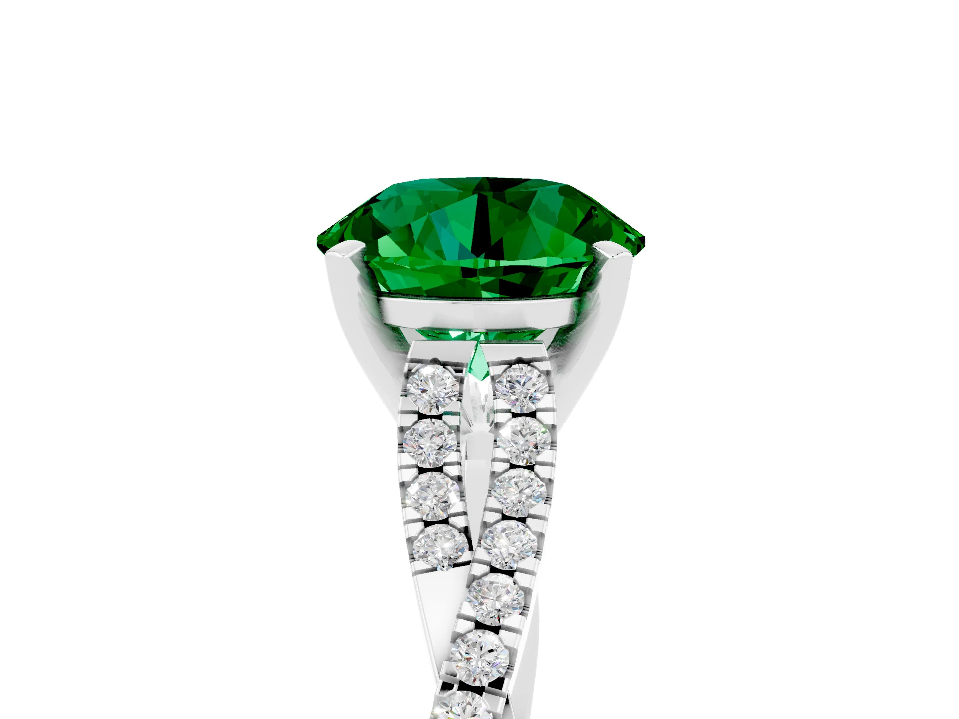 White gold Round Cut Emerald Solitaire Engagement Ring with Twisted Pavé Band and Four-Prong Setting_17